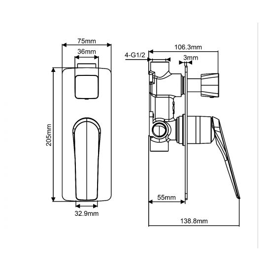 AU Square Chrome Shower/Bath Wall Mixer with Diverter