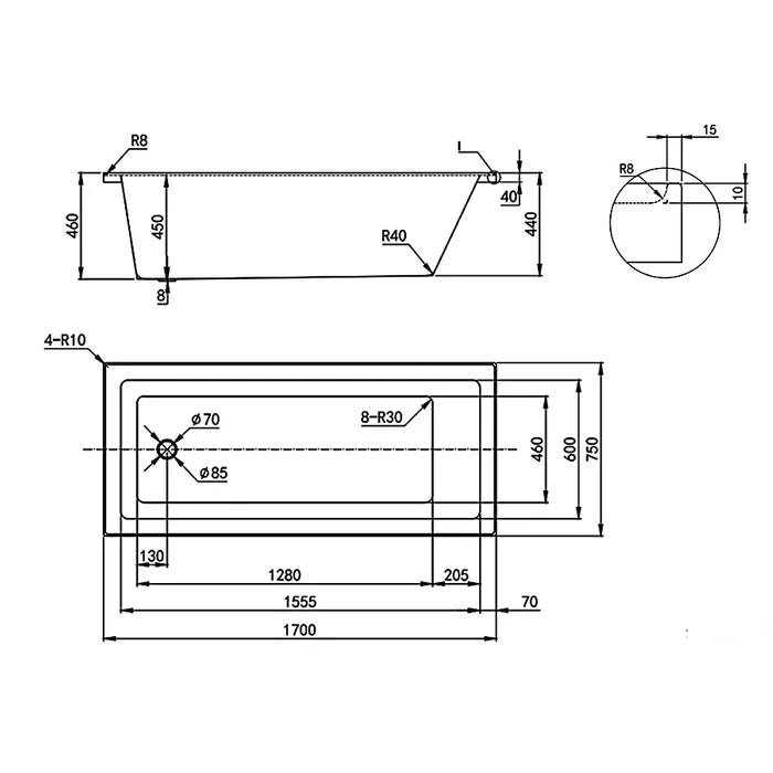 DROP IN SHOWER BATH 1700X750X44