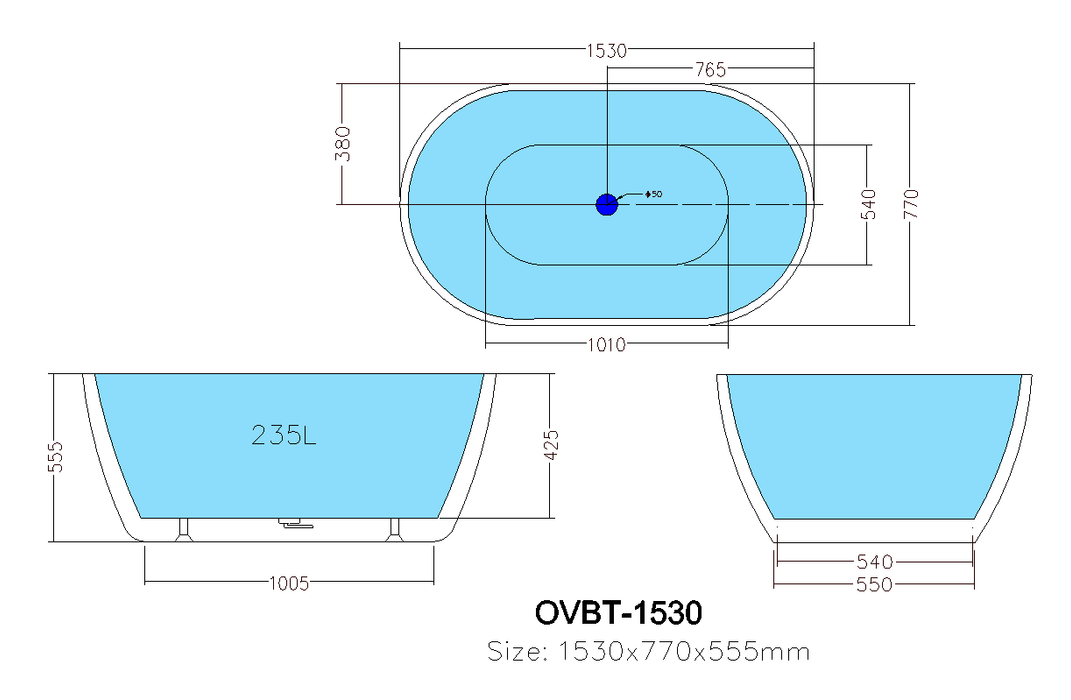 Olivia 1500mm Matte White Bath