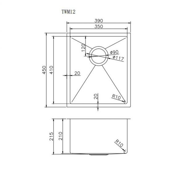 390x450x215mm 1.2mm Top/Undermount Single Bowl Kitchen Sink