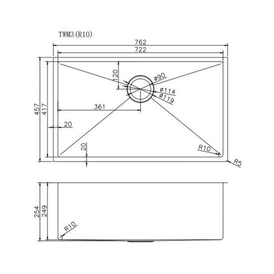 762x457x254mm 1.2mm  Single Bowl Top/Undermount Kitchen/Laundry Sink