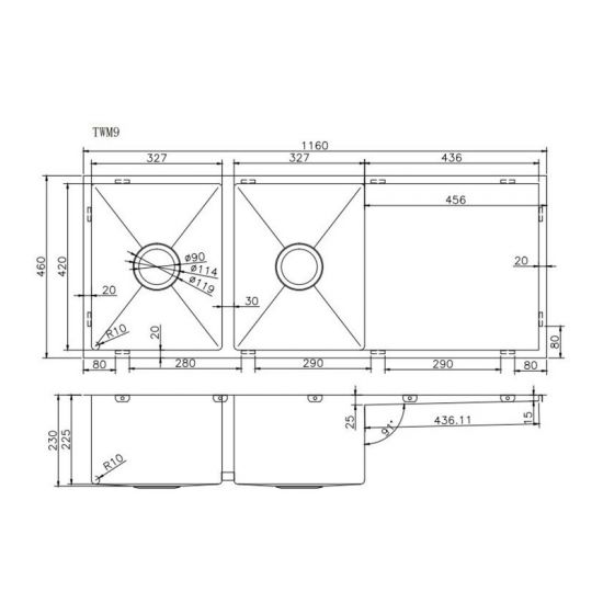 Brushed Gold Double Bowl Kitchen Sink with Drainer 1160*460*230mm