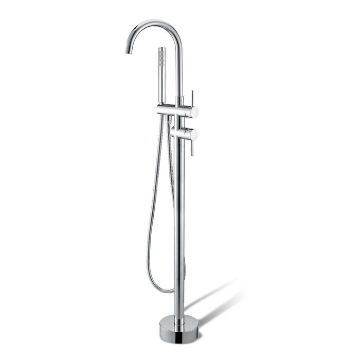 Round Chrome Freestanding Bath Mixer With Handheld Shower